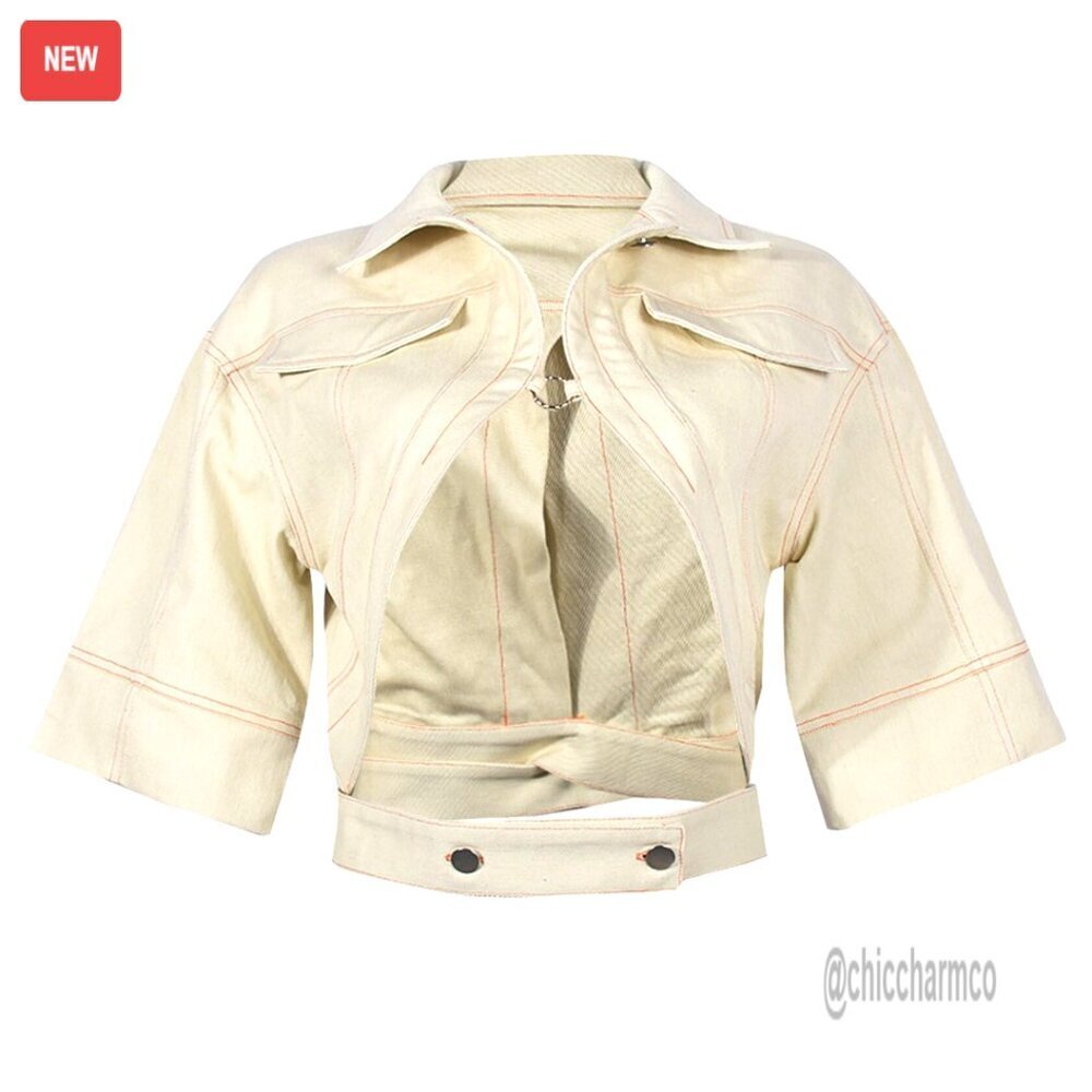 Cropped Casual Jacket Short Sleeve Lace-Up Hollow Out Design Y2K Trendy